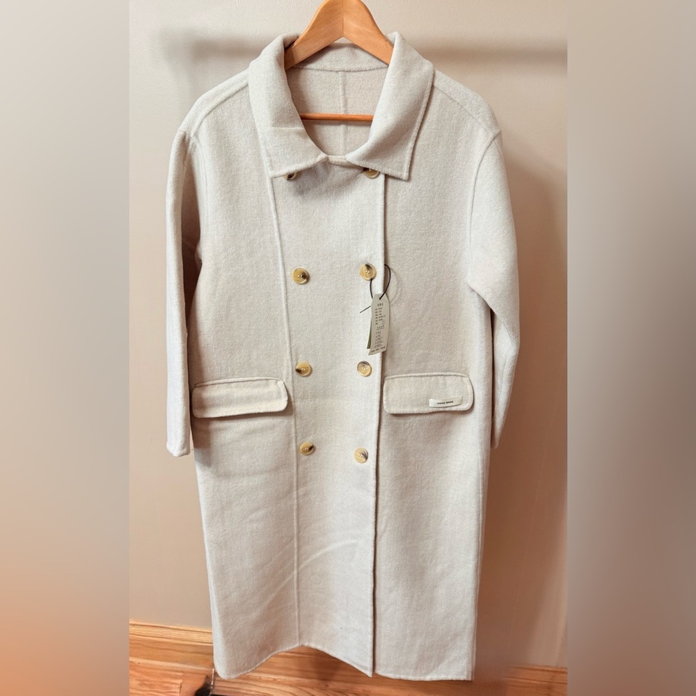 Classic Women’s Light Cream Long Wool Hand-made Double Breasted Coat Size L